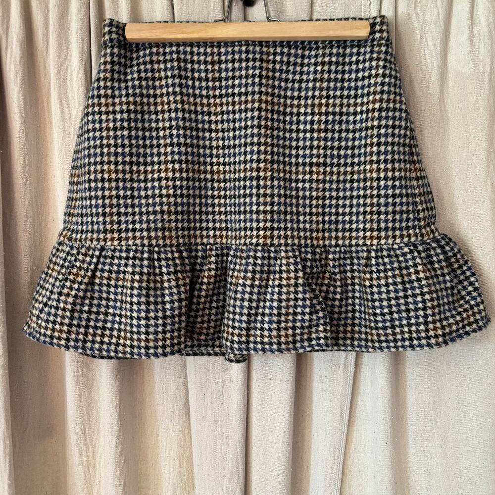J.Crew Wool Mini‎ Skirt Size 8 Houndstooth Navy Brown Cream Ruffle Hem Lined
